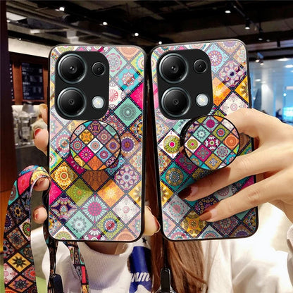 For Xiaomi Redmi Note 13 Pro 4G / Poco M6 Pro 4G Case Flower Pattern Tempered Glass Phone Cover with Kickstand