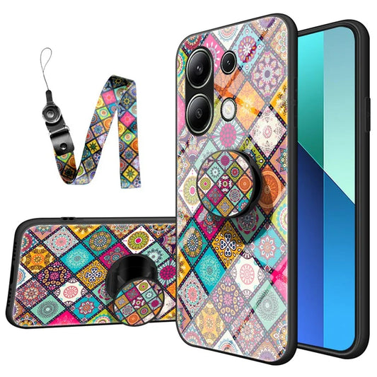 For Xiaomi Redmi Note 13 4G Case Flower Pattern Tempered Glass Back Cover with Long Lanyard