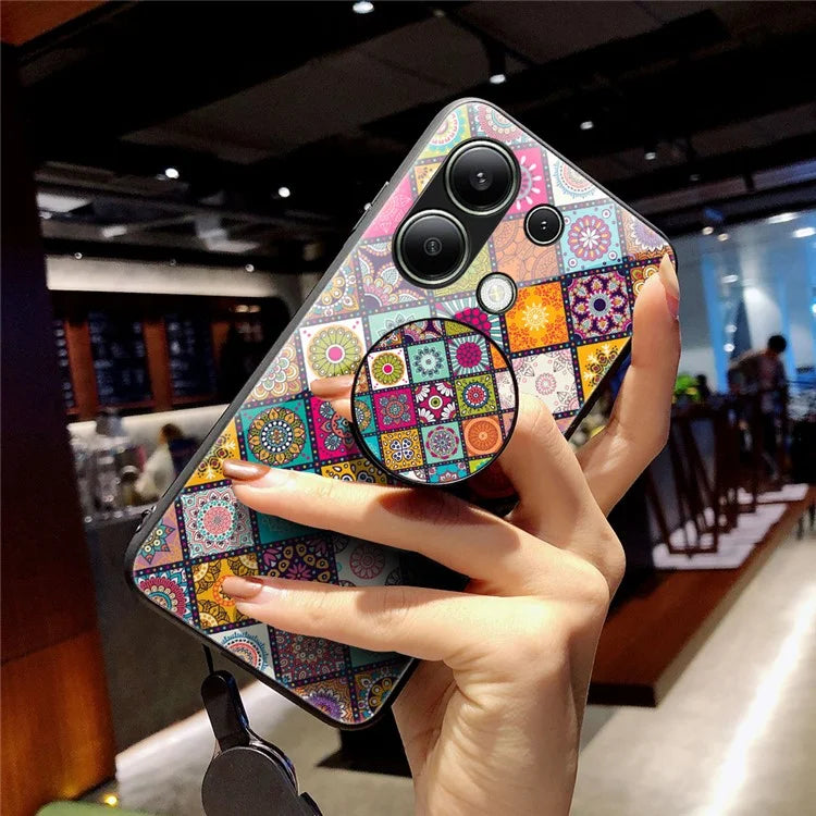 For Xiaomi Redmi Note 13 4G Case Flower Pattern Tempered Glass Back Cover with Long Lanyard