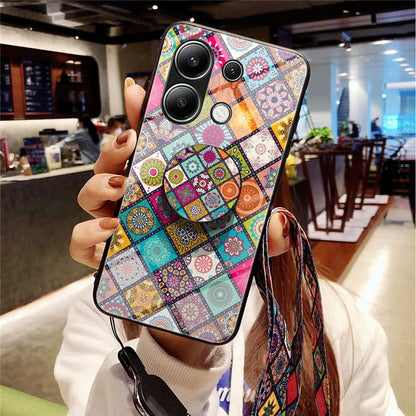 For Xiaomi Redmi Note 13 4G Case Flower Pattern Tempered Glass Back Cover with Long Lanyard