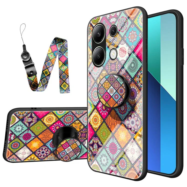 For Xiaomi Redmi Note 13 4G Case Flower Pattern Tempered Glass Back Cover with Long Lanyard