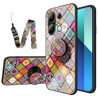 For Xiaomi Redmi Note 13 4G Case Flower Pattern Tempered Glass Back Cover with Long Lanyard