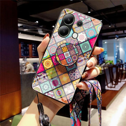 For Xiaomi Redmi Note 13 4G Case Flower Pattern Tempered Glass Back Cover with Long Lanyard