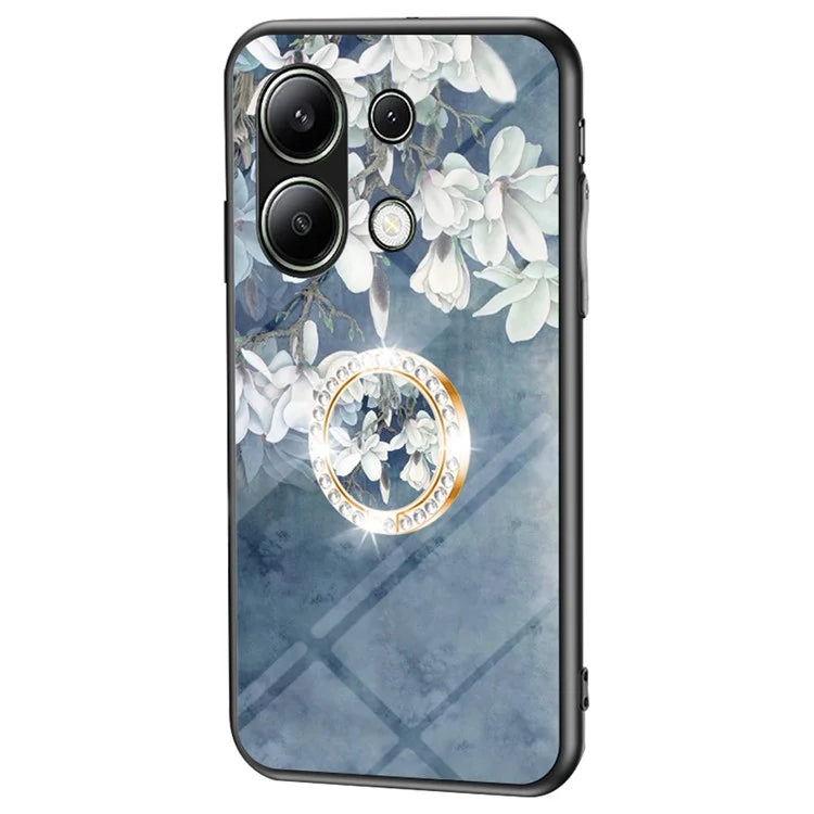 For Xiaomi Redmi Note 13 4G Case Tempered Glass Pattern Printing Phone Cover with Ring Kickstand