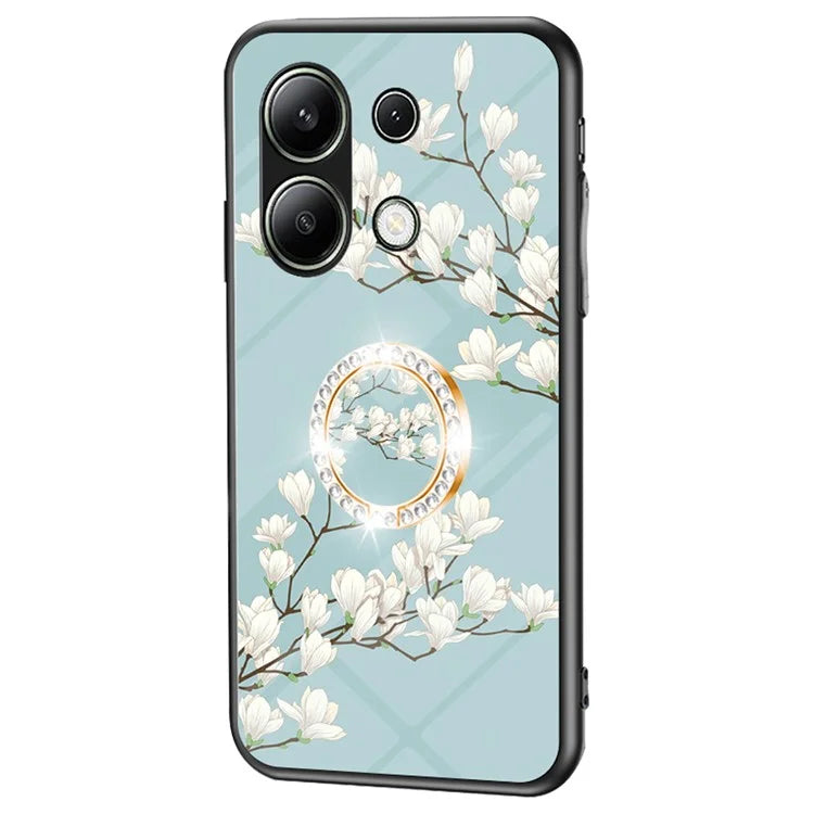 For Xiaomi Redmi Note 13 4G Case Tempered Glass Pattern Printing Phone Cover with Ring Kickstand