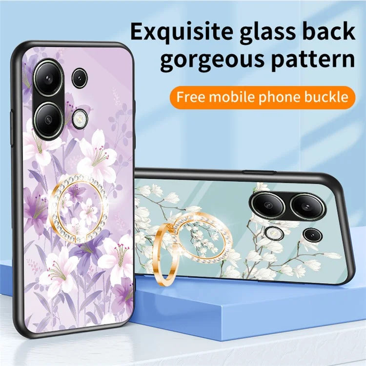For Xiaomi Redmi Note 13 4G Case Tempered Glass Pattern Printing Phone Cover with Ring Kickstand