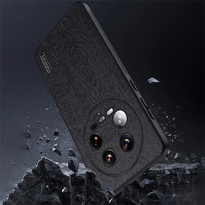 For Xiaomi 14 Ultra Case PU Leather Coated PC+TPU Back Phone Cover with Wood Texture