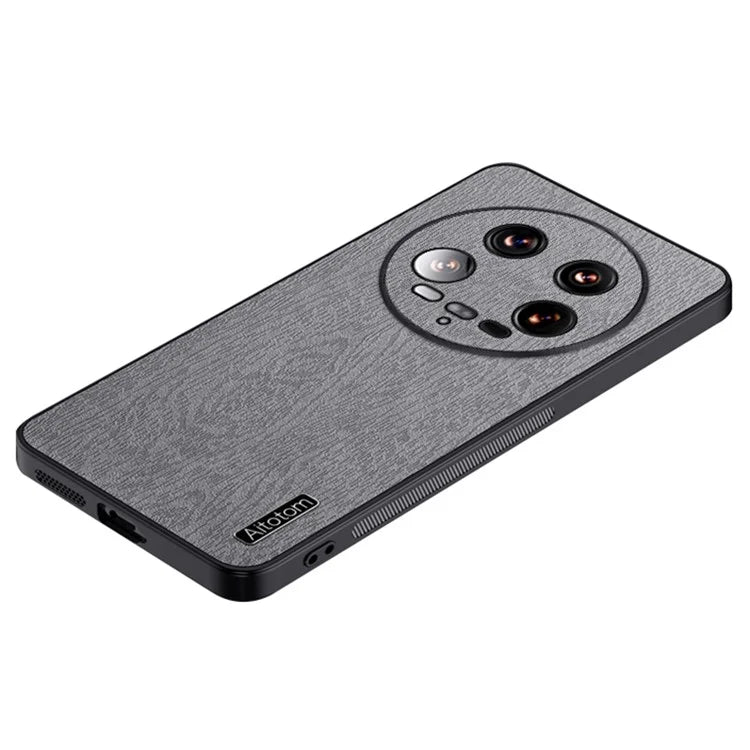 For Xiaomi 14 Ultra Case PU Leather Coated PC+TPU Back Phone Cover with Wood Texture