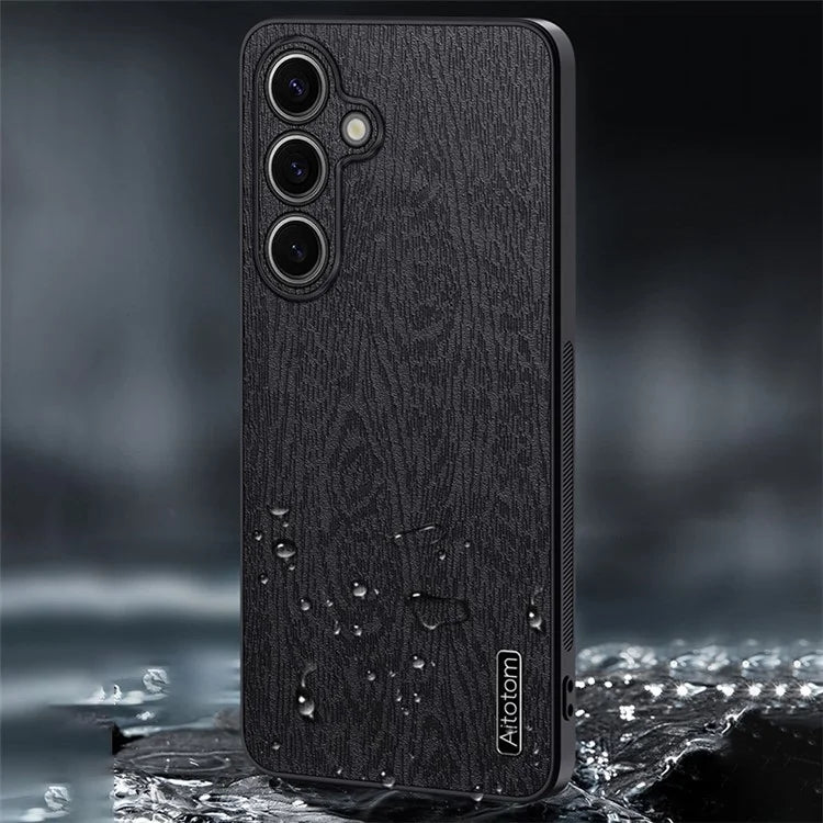 For Samsung Galaxy S23 FE Phone Case Leather+PC+TPU Cover Wood Texture