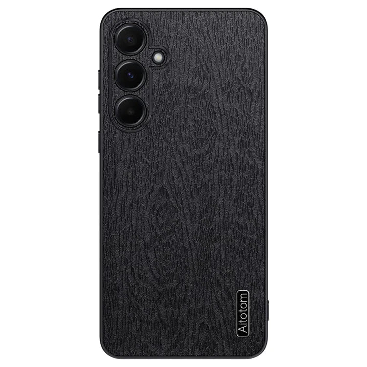 For Samsung Galaxy A55 5G Phone Case Wood Texture Leather Coated PC+TPU Anti-drop Cover