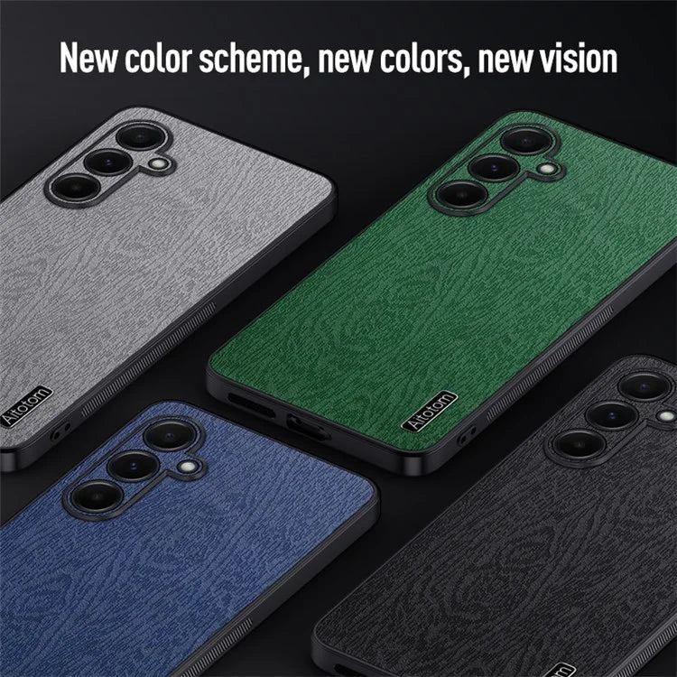 For Samsung Galaxy A55 5G Phone Case Wood Texture Leather Coated PC+TPU Anti-drop Cover
