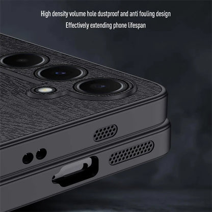 For Samsung Galaxy A55 5G Phone Case Wood Texture Leather Coated PC+TPU Anti-drop Cover
