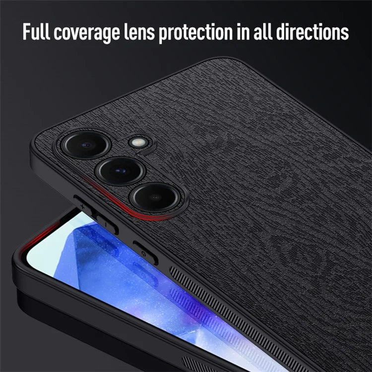 For Samsung Galaxy A55 5G Phone Case Wood Texture Leather Coated PC+TPU Anti-drop Cover