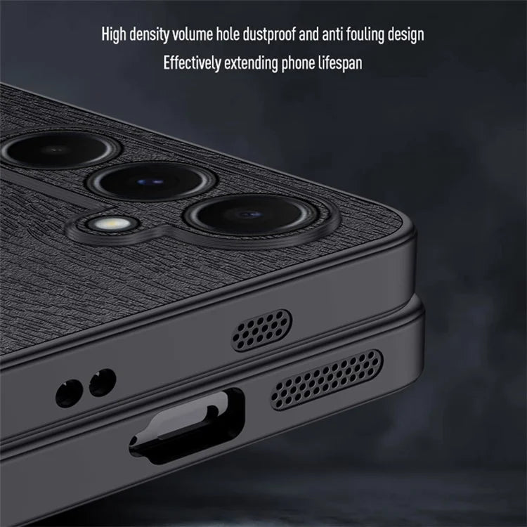 For Samsung Galaxy A55 5G Phone Case Wood Texture Leather Coated PC+TPU Anti-drop Cover