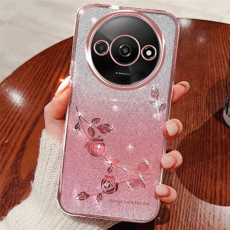 KADEM For Xiaomi Redmi A3 Glitter Flower Case Rhinestone Decor Flexible TPU Phone Cover