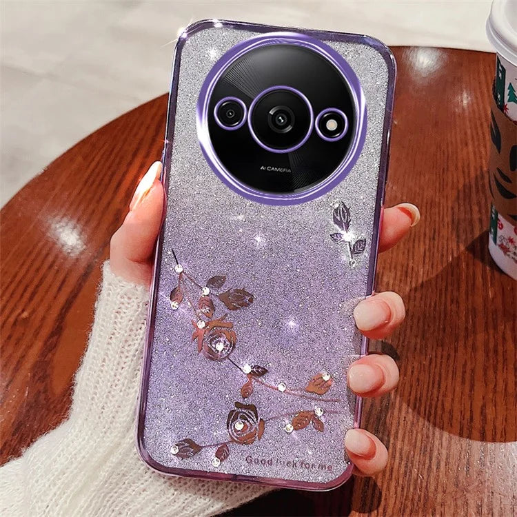 KADEM For Xiaomi Redmi A3 Glitter Flower Case Rhinestone Decor Flexible TPU Phone Cover