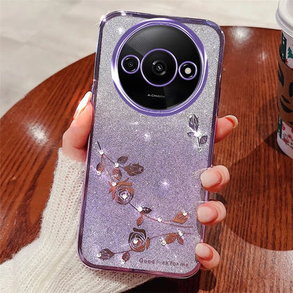 KADEM For Xiaomi Redmi A3 Glitter Flower Case Rhinestone Decor Flexible TPU Phone Cover