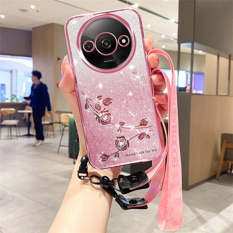 KADEM For Xiaomi Redmi A3 Case Soft TPU Flower Glitter Rhinestone Phone Cover with Lanyard