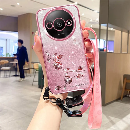 KADEM For Xiaomi Redmi A3 Case Soft TPU Flower Glitter Rhinestone Phone Cover with Lanyard