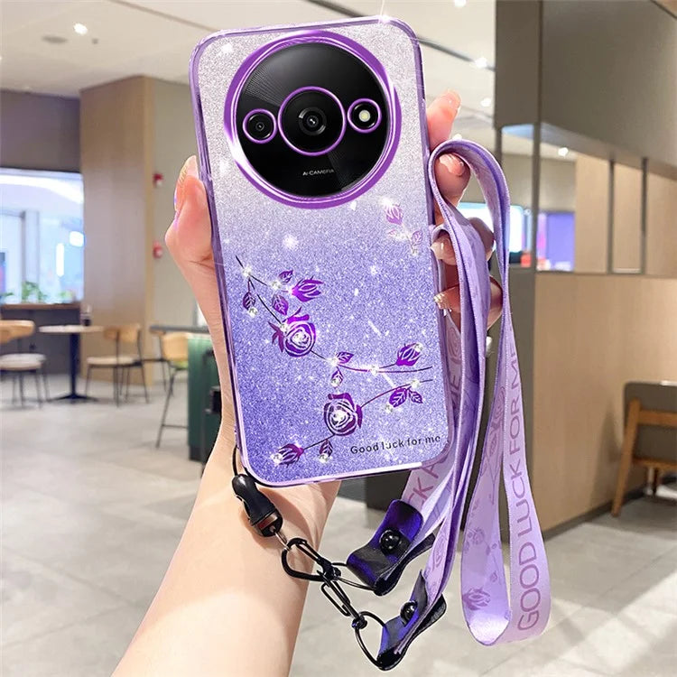KADEM For Xiaomi Redmi A3 Case Soft TPU Flower Glitter Rhinestone Phone Cover with Lanyard