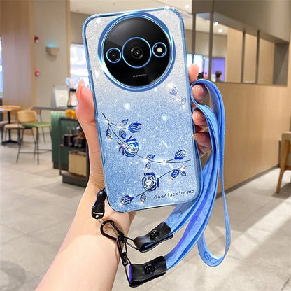 KADEM For Xiaomi Redmi A3 Case Soft TPU Flower Glitter Rhinestone Phone Cover with Lanyard
