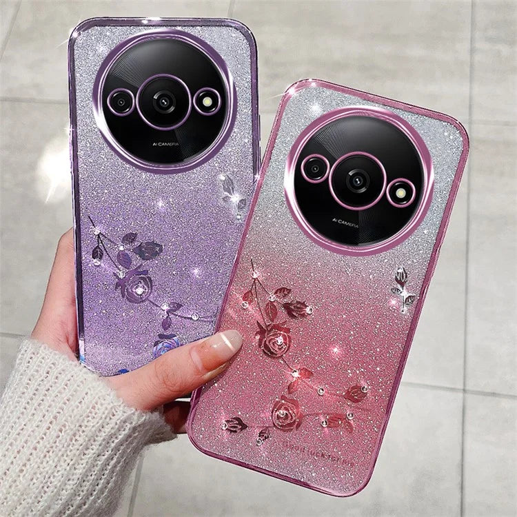 KADEM For Xiaomi Redmi A3 Case Soft TPU Flower Glitter Rhinestone Phone Cover with Lanyard