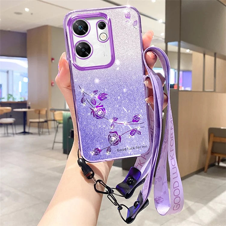 KADEM For Transsion Infinix Zero 30 4G Case with Lanyard Rhinestone Flower Glitter TPU Cover