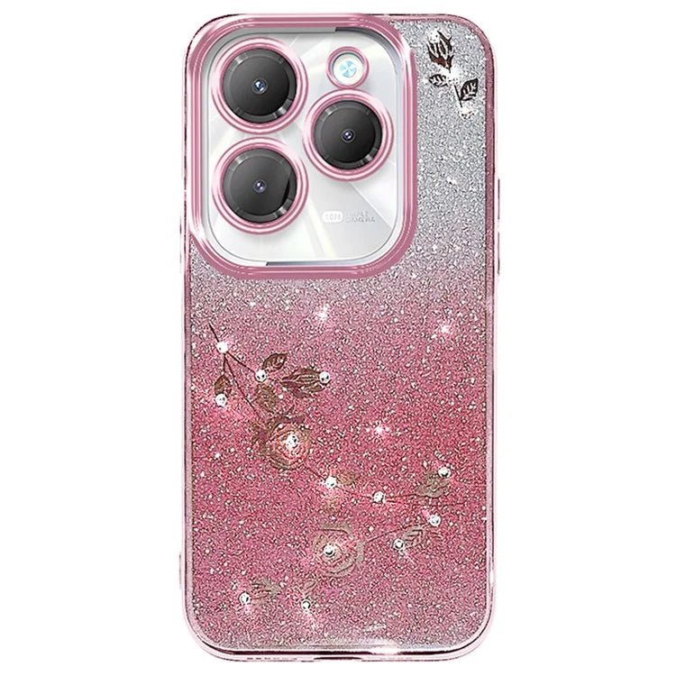 KADEM For Transsion Infinix Hot 40 / Hot 40 Pro Phone Case Flower Glitter TPU Cover with Lanyard