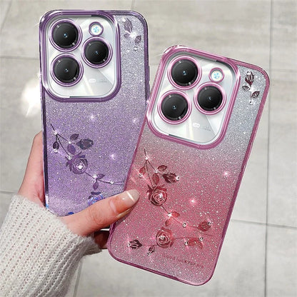 KADEM For Transsion Infinix Hot 40 / Hot 40 Pro Phone Case Flower Glitter TPU Cover with Lanyard