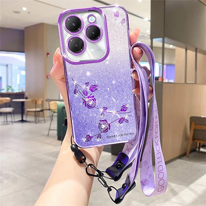 KADEM For Transsion Infinix Hot 40 / Hot 40 Pro Phone Case Flower Glitter TPU Cover with Lanyard