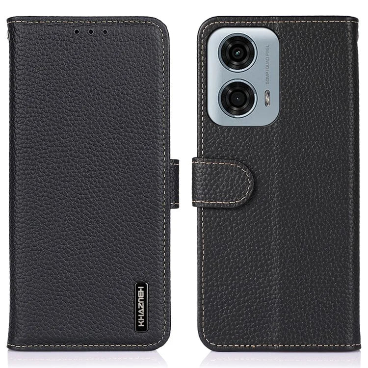 KHAZNEH For Motorola Moto G34 5G Phone Wallet Case Litchi Texture Genuine Cow Leather Flip Cover