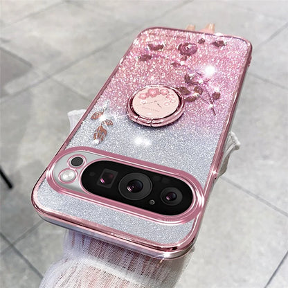 KADEM For Google Pixel 9 Pro Cell Phone Case Ring Kickstand Glitter Shockproof TPU Cover