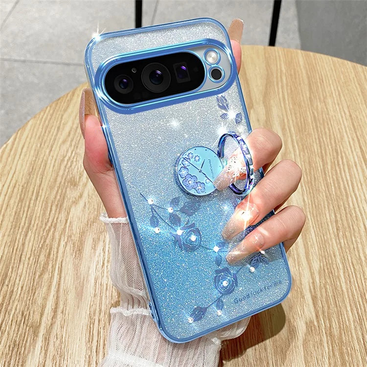 KADEM For Google Pixel 9 Pro Cell Phone Case Ring Kickstand Glitter Shockproof TPU Cover