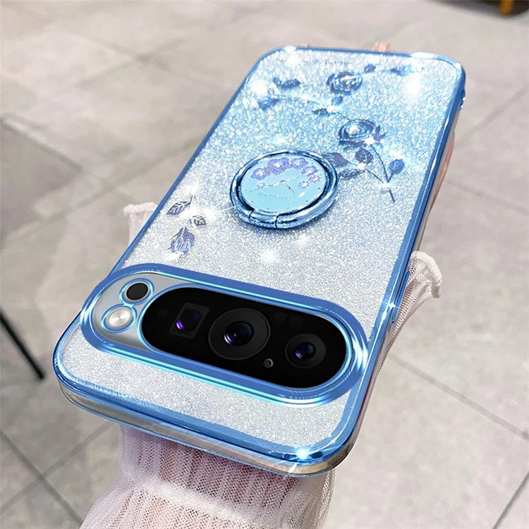 KADEM For Google Pixel 9 Pro Cell Phone Case Ring Kickstand Glitter Shockproof TPU Cover
