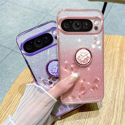 KADEM For Google Pixel 9 Pro Cell Phone Case Ring Kickstand Glitter Shockproof TPU Cover