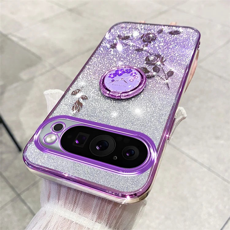 KADEM For Google Pixel 9 Pro Cell Phone Case Ring Kickstand Glitter Shockproof TPU Cover