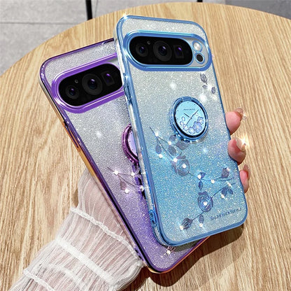 KADEM For Google Pixel 9 Pro Cell Phone Case Ring Kickstand Glitter Shockproof TPU Cover