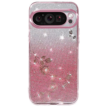 KADEM For Google Pixel 9 Glitter Phone Case Flower Pattern Gradient TPU Cover with Lanyard