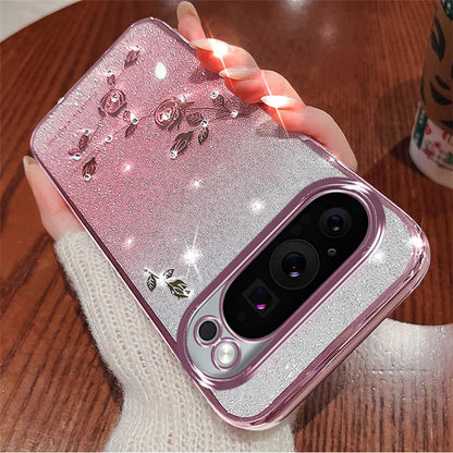 KADEM For Google Pixel 9 Glitter Phone Case Flower Pattern Gradient TPU Cover with Lanyard