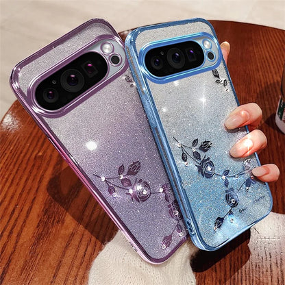 KADEM For Google Pixel 9 Glitter Phone Case Flower Pattern Gradient TPU Cover with Lanyard