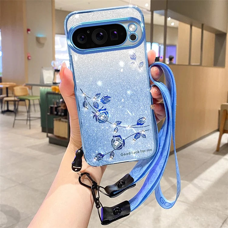 KADEM For Google Pixel 9 Glitter Phone Case Flower Pattern Gradient TPU Cover with Lanyard