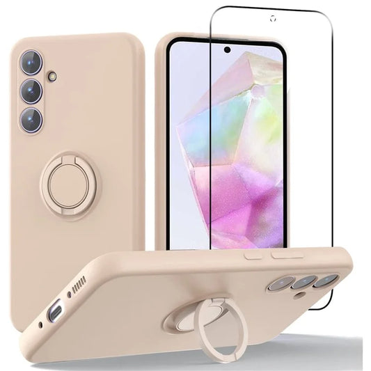 For Samsung Galaxy A35 5G Case Liquid Silicone Kickstand Cover with 2.5D Arc Edge Tempered Glass Film