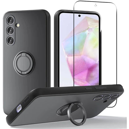 For Samsung Galaxy A35 5G Case Liquid Silicone Kickstand Cover with 2.5D Arc Edge Tempered Glass Film