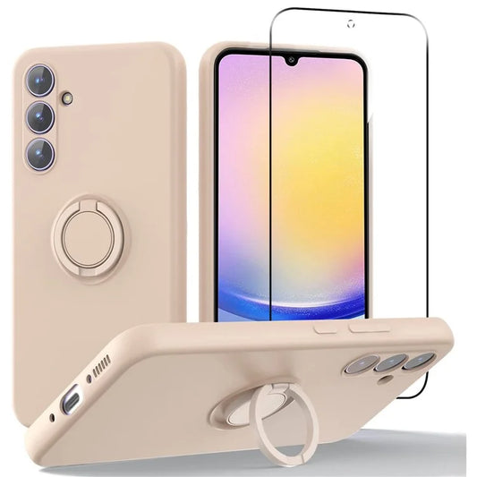 For Samsung Galaxy A25 5G (Global) (161.0 x 76.5 x 8.3mm) Liquid Silicone Kickstand Case + 2.5D Arc Edge Tempered Glass Film