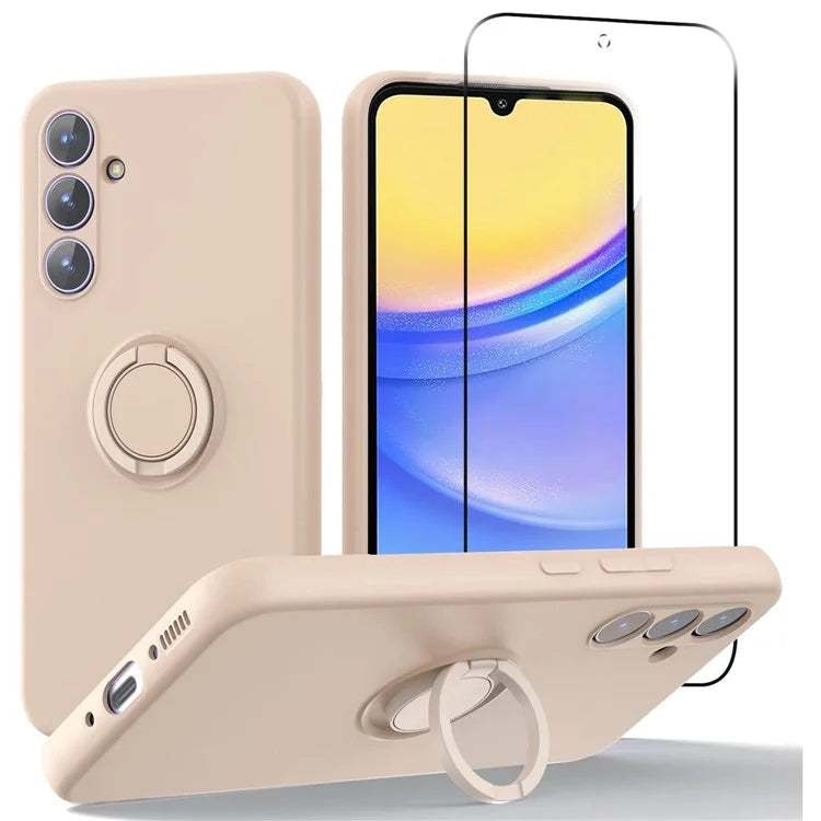 For Samsung Galaxy A15 4G / A15 5G Liquid Silicone Case Kickstand Cover with 2.5D Arc Edge Tempered Glass Film