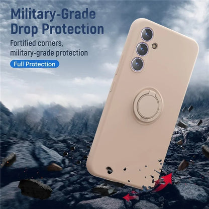 For Samsung Galaxy A15 4G / A15 5G Liquid Silicone Case Kickstand Cover with 2.5D Arc Edge Tempered Glass Film