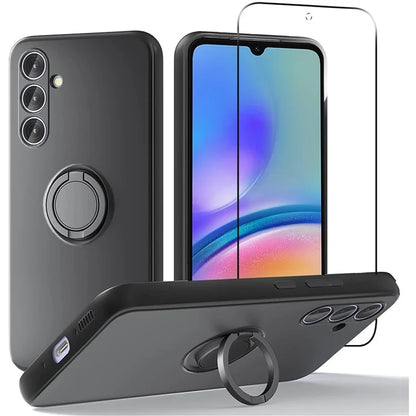 For Samsung Galaxy A05s 4G Kickstand Case Liquid Silicone Cover + 2.5D Arc Edge Tempered Glass Film