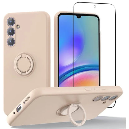 For Samsung Galaxy A05s 4G Kickstand Case Liquid Silicone Cover + 2.5D Arc Edge Tempered Glass Film