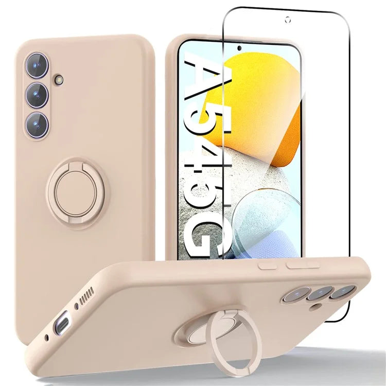 For Samsung Galaxy A25 5G (Global) (161.0 x 76.5 x 8.3mm) Case Liquid Silicone Kickstand Cover + 2.5D Arc Edge Tempered Glass Film