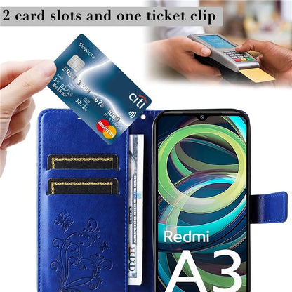 KT Imprinting Flower Series-2 For Xiaomi Redmi A3 Case Card Holder Wrist Strap Leather Phone Cover